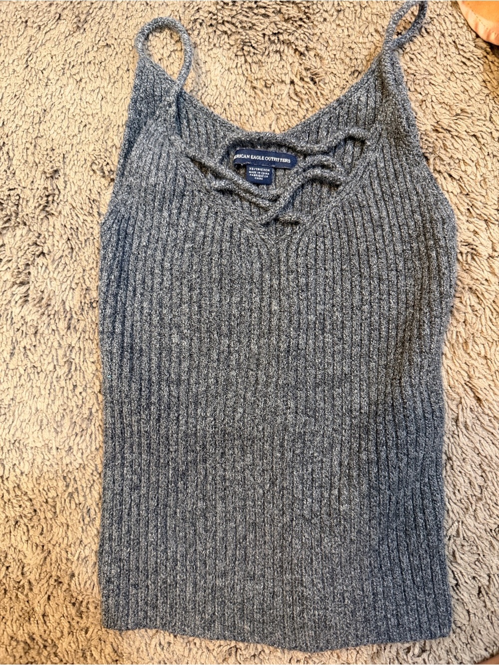 American Eagle Outfitters Charcoal Ribbed V-Neck Lace-Up Tank